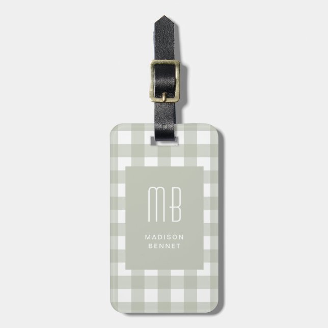 Étiquette À Bagage Monogramme Gingham Vert Sauge Élégant (Devant Vertical)