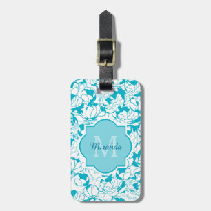 Étiquette À Bagage Monogramme Girly floral de turquoise moderne avec