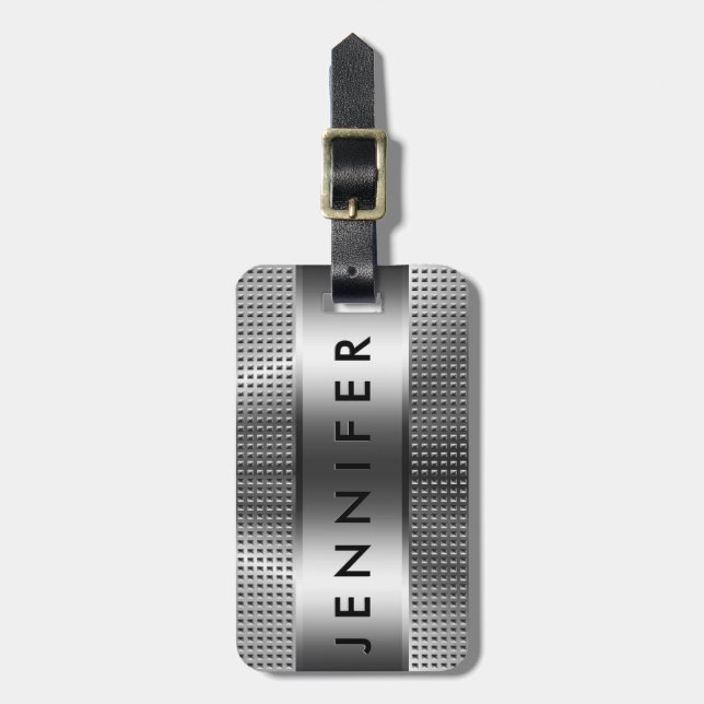 Étiquette À Bagage Monogramme gras, Motif gris argent métallique (Devant Vertical)