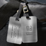 Étiquette À Bagage Monogramme Gris argenté Métallique<br><div class="desc">Balise de bagage en métal brossé gris argent monogramme</div>