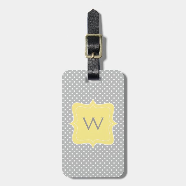 Étiquette À Bagage Monogramme gris et jaune de point de polka (Devant Vertical)