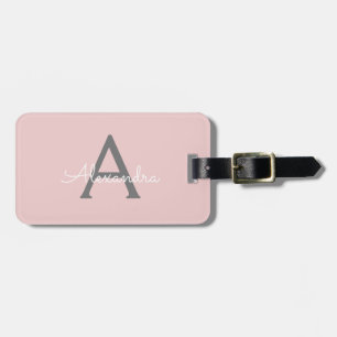 Étiquette À Bagage Monogramme Gris Rose Blush Nom Moderne