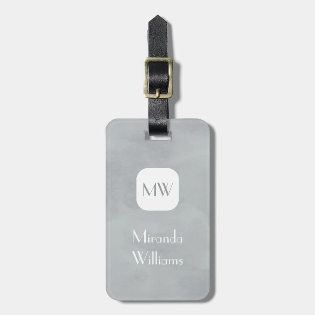 Étiquette À Bagage Monogramme gris simple et chic avec nom (Devant Vertical)