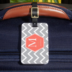 Étiquette À Bagage Monogramme Hexagone Corail Chevron Gris Personnali