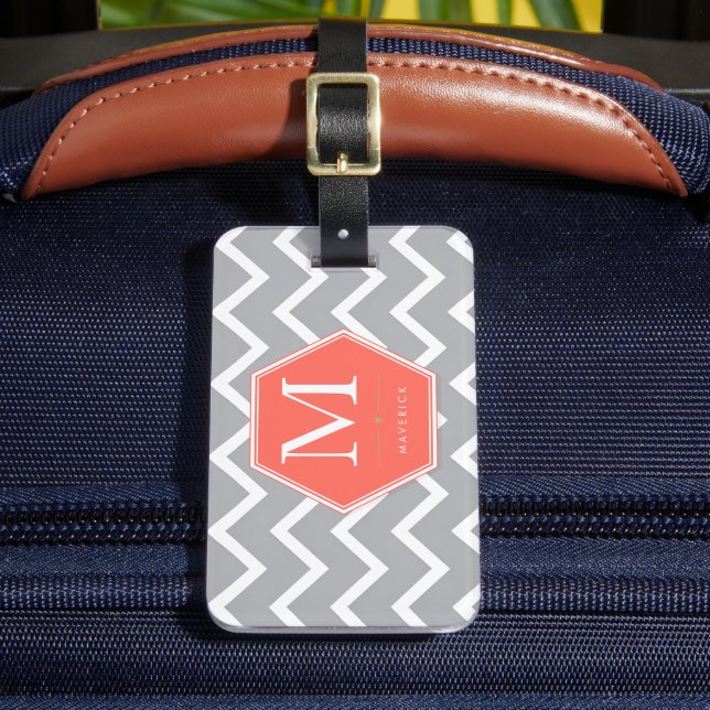 Étiquette À Bagage Monogramme Hexagone Corail Chevron Gris Personnali (Insitu Rectoal 2)