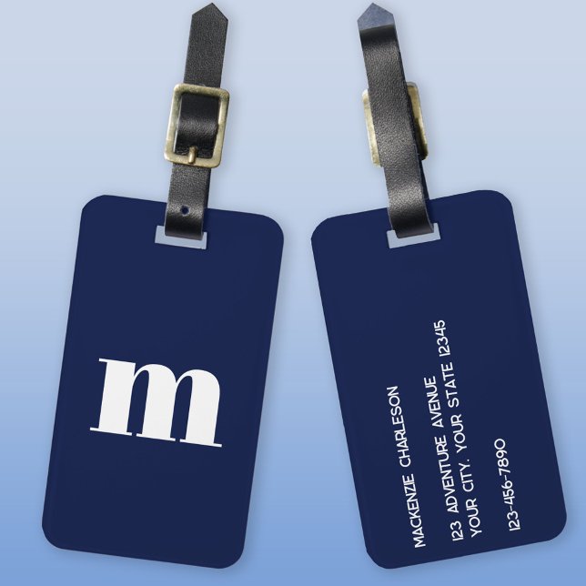 Étiquette À Bagage Monogramme initial bleu marine (Modern lowercase initial monogram personalized luggage tag)