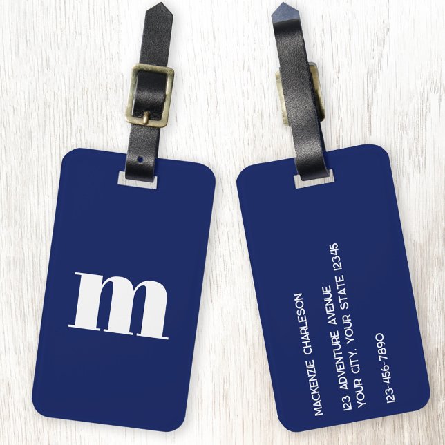 Étiquette À Bagage Monogramme initial bleu marine (Modern minimalist lower case monogram initial personalized navy blue luggage tag)
