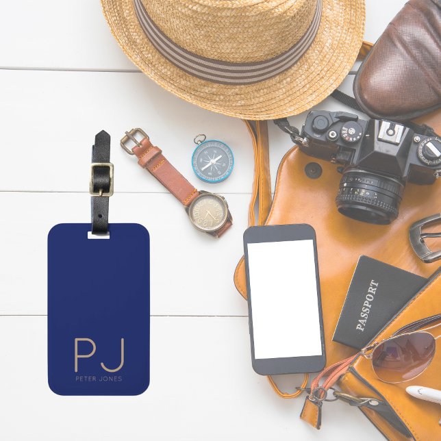 Étiquette À Bagage Monogramme initial bleu marine Personnalisé Simple (Navy Blue initial Monogram Personalized Simple Luggage Tag
)