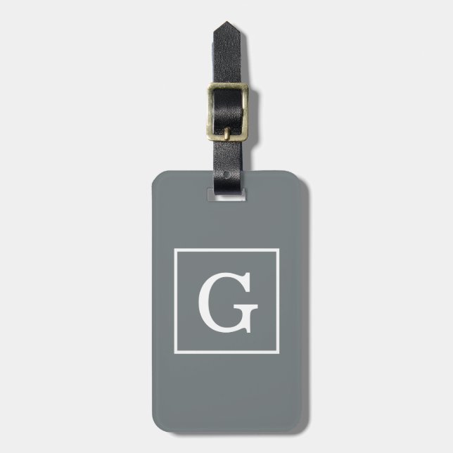 Étiquette À Bagage Monogramme Initial Cadre Gris Charbon Blanc (Devant Vertical)