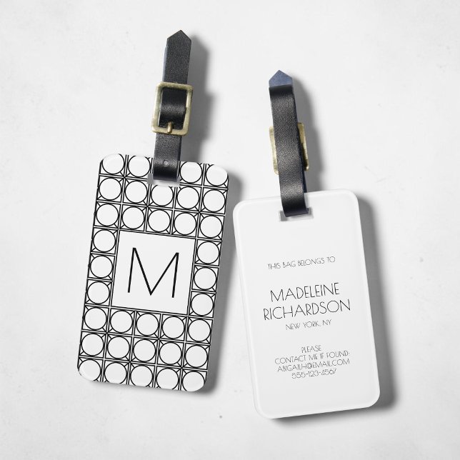 Étiquette À Bagage Monogramme Initial Chic Motif Rotin Noir Élégant (Elegant Black Rattan Pattern Chic Initial Monogram Luggage Tag)