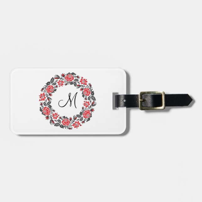 Étiquette À Bagage Monogramme initial des roses rouges à point croisé (Devant horizontal)