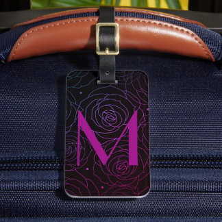 Étiquette À Bagage Monogramme Initial Fleurs Sombres Rose Magenta Vio