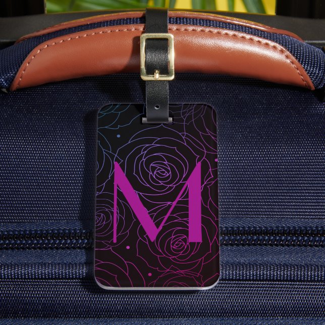 Étiquette À Bagage Monogramme Initial Fleurs Sombres Rose Magenta Vio (Insitu Rectoal 2)