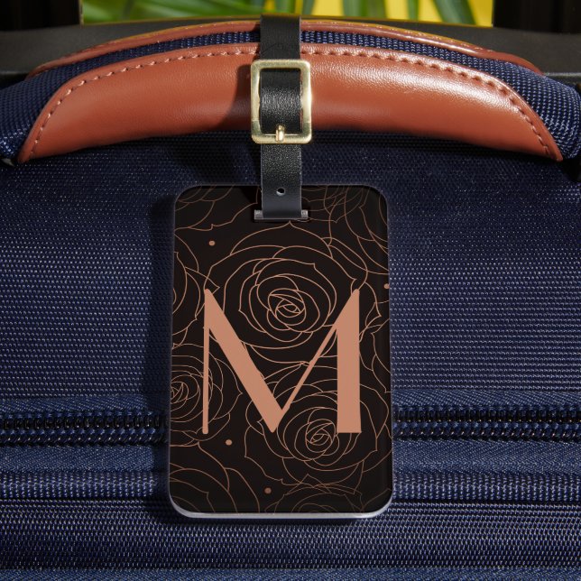Étiquette À Bagage Monogramme Initial Fleurs Sombres Saumon Doré (Insitu Rectoal 2)