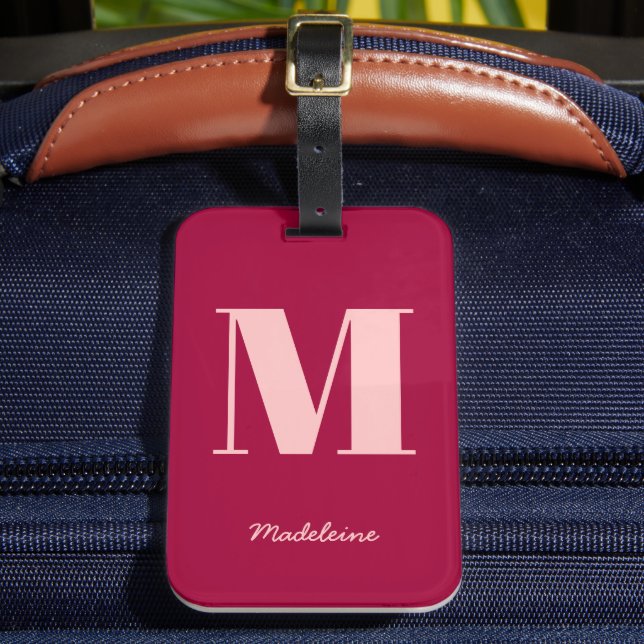 Étiquette À Bagage Monogramme initial moderne Gras rose Nom minimal (Insitu Rectoal 2)
