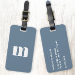 Étiquette À Bagage Monogramme Initial Moderne Gris Bleu Poussiéreux<br><div class="desc">Typographie minuscule moderne,  design de monogramme initial minimaliste qui peut être personnalisé,  ainsi que les détails au verso. Blanc sur un fond gris bleu poussiéreux.</div>