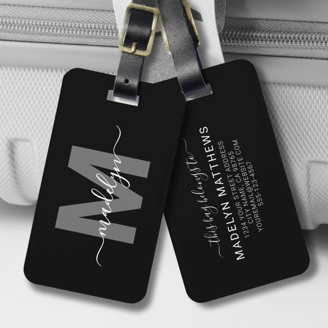 Étiquette À Bagage Monogramme Initial Nom Noir Blanc (Modern Black White Initial Name Monogram Luggage Tag )