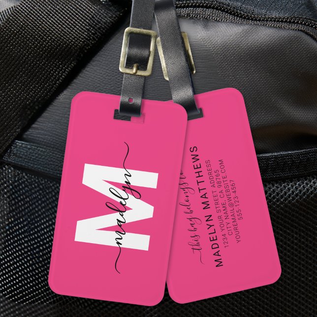 Étiquette À Bagage Monogramme Initial Nom Rose Personnalisé (Custom Traveler Pink Initial Name Monogram Luggage Tag )