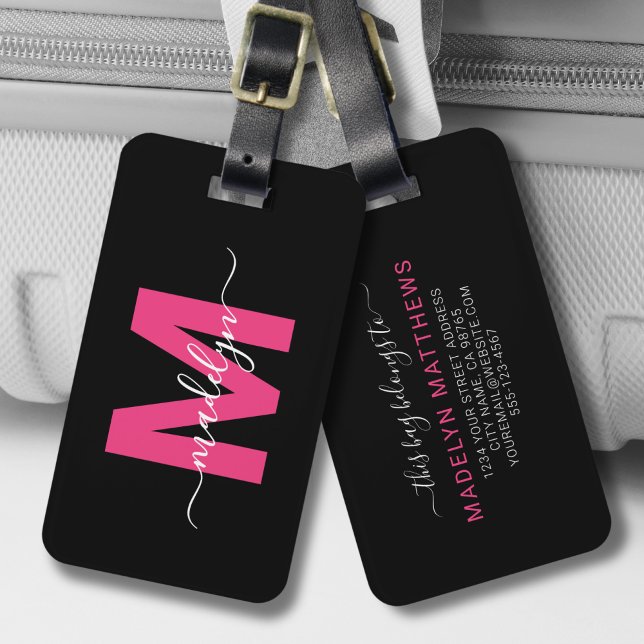 Étiquette À Bagage Monogramme Initial Nom Rose Personnalisé (Custom Traveler Pink Initial Name Monogram Luggage Tag)