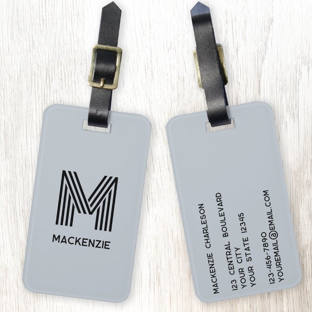 Étiquette À Bagage Monogramme Initial Nom Simple Bleu Poudre (Modern monogram intial name personalized luggage tag)