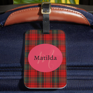 Étiquette À Bagage Monogramme Initial Rouge Tartan Texte Personnalisé