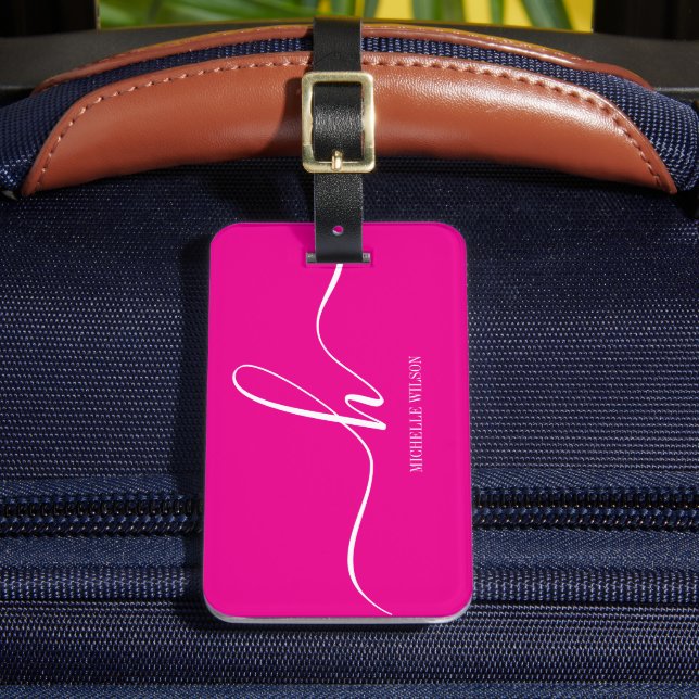 Étiquette À Bagage Monogramme Initiale Élégant Rose Blanc Nom de Scri (Insitu Rectoal 2)