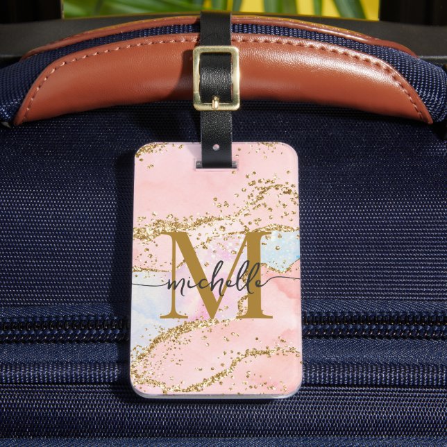 Étiquette À Bagage Monogramme Initiale Pailleté Or Rose Élégant (Insitu Rectoal 2)