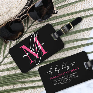 Étiquette À Bagage Monogramme Initiale Personnalisé Voyageuse Rose