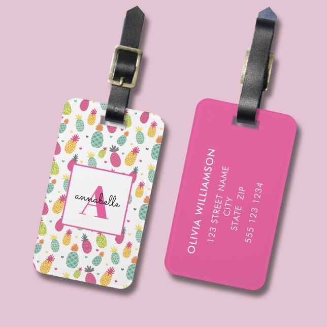 Étiquette À Bagage Monogramme Initiale Tropicale Ananas (Pineapple tropical personalized monogram luggage tag. )