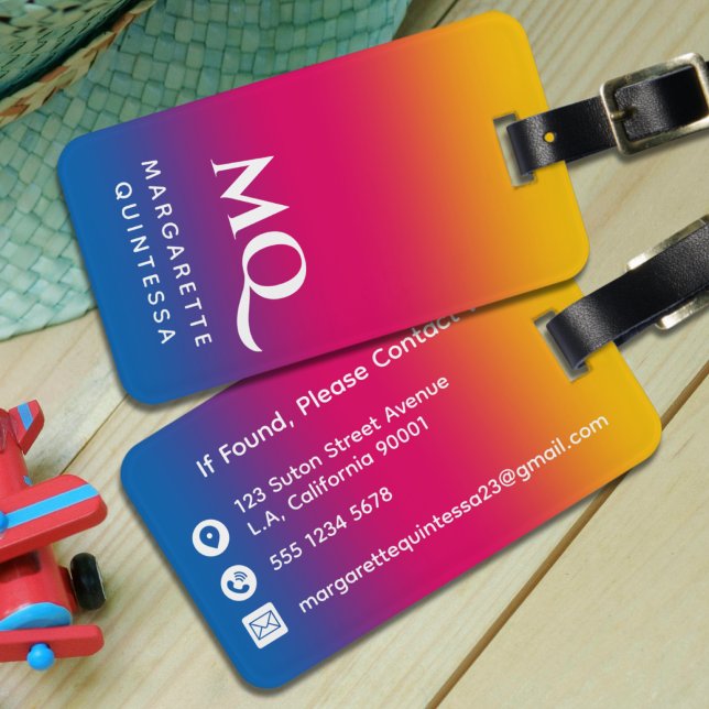 Étiquette À Bagage Monogramme initiales blanc dégradé bleu rose jaune (Créateur téléchargé)