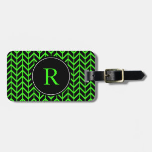 Étiquette À Bagage Monogramme Initiales Herringbone Motif Neon Green