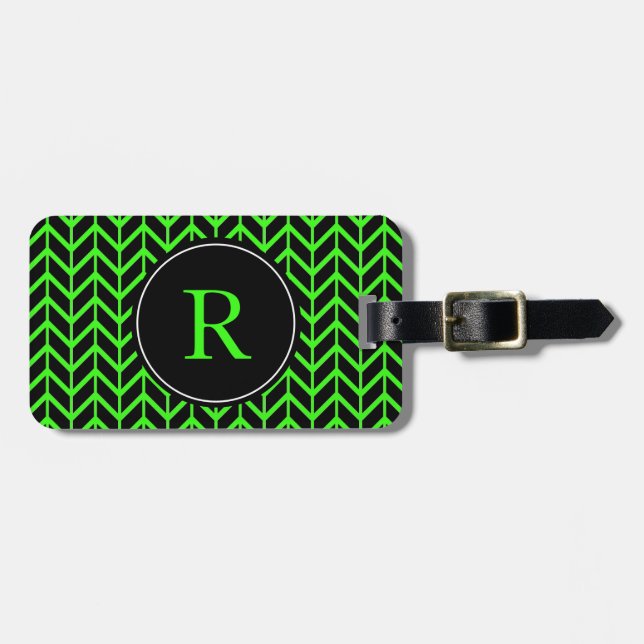 Étiquette À Bagage Monogramme Initiales Herringbone Motif Neon Green (Devant horizontal)