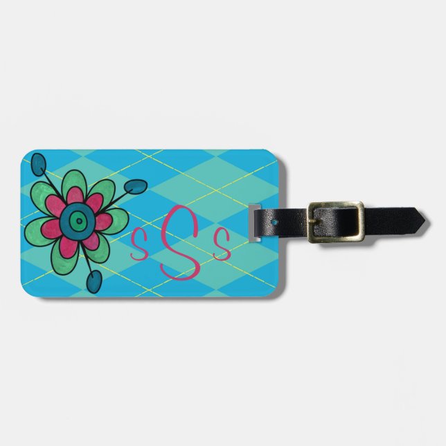 Étiquette À Bagage Monogramme Jacquard et fleurs bleu et aqua (Devant horizontal)