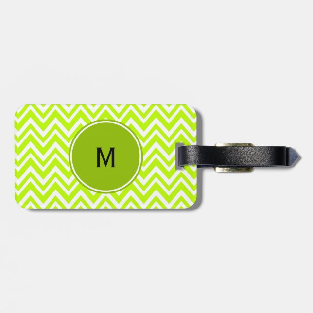 Étiquette À Bagage Monogramme Lime vert et blanc Zigzag Motif (Dos horizontal)