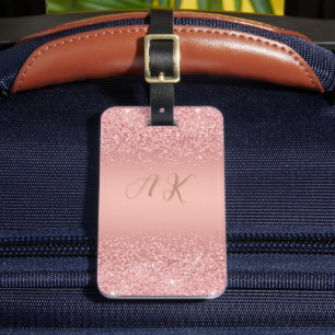 Étiquette À Bagage Monogramme Luxe Pailleté Or Rose Élégant