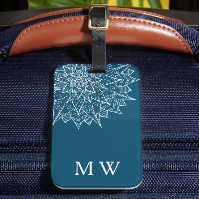 Étiquette À Bagage Monogramme Mandala Bleu Élégant (Insitu Rectoal 2)