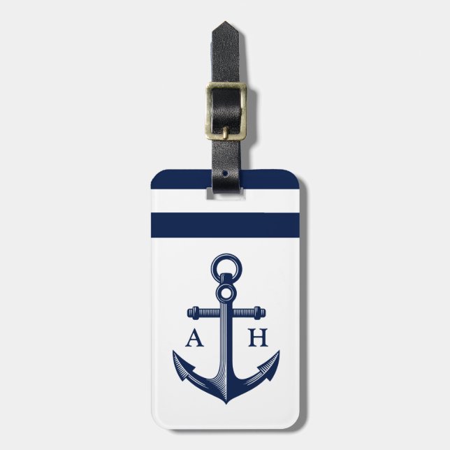 Étiquette À Bagage Monogramme marine Ancre nautique (Devant Vertical)