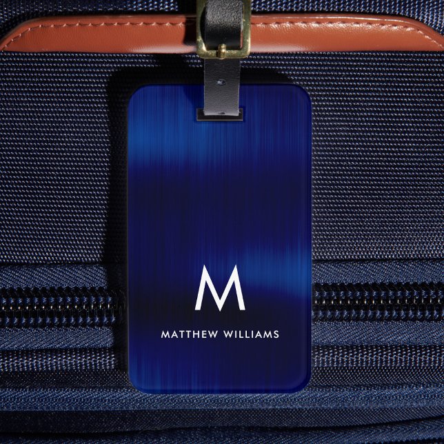 Étiquette À Bagage Monogramme Marine Bleu Faux Métal Acier Stylisé Pe (Créateur téléchargé)