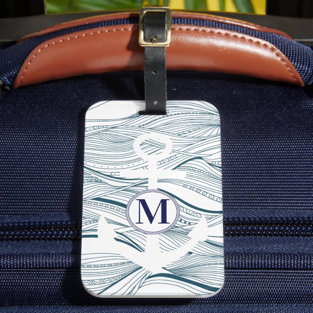 Étiquette À Bagage Monogramme marine et Ancre blanche (Insitu Rectoal 2)