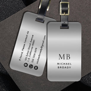 Étiquette À Bagage Monogramme Masculin Métal Brossé Gris Argent