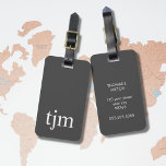 Étiquette À Bagage Monogramme Masculine blanc gris simple<br><div class="desc">Simple design élégant personnalisable porte-bagages design avec arrière - plan gris,  monogramme blanc gras.</div>