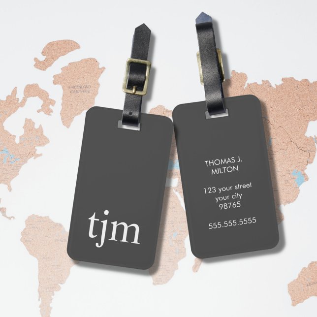 Étiquette À Bagage Monogramme Masculine blanc gris simple (Créateur téléchargé)