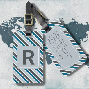 Étiquette À Bagage Monogramme Masculine Moderne Gris Bleu Voyage