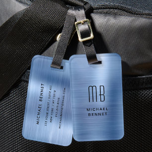 Étiquette À Bagage Monogramme Métal Brossé Bleu Élégant