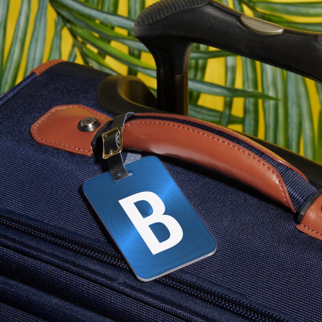 Étiquette À Bagage Monogramme métallique brossé bleu initial (Insitu Rectoal 1)