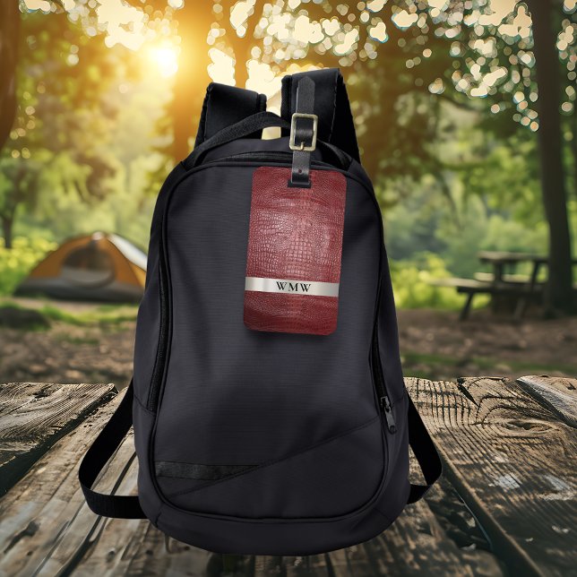 Étiquette À Bagage Monogramme métallique en cuir numérique rouge (Créateur téléchargé)