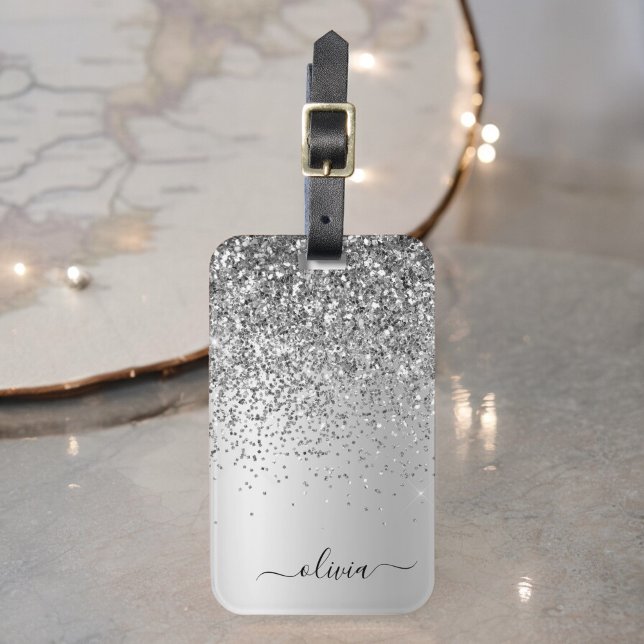 Étiquette À Bagage Monogramme métallisé pailleté argent Nom (Créateur téléchargé)