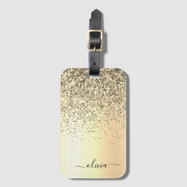Étiquette À Bagage Monogramme métallisé paillettes dorées Nom Glamour (Devant Vertical)