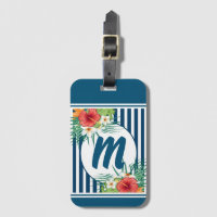 Monogramme moderne à rayures et fleurs bleues
