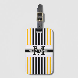 Étiquette À Bagage Monogramme Moderne Black Amber Stripes Motif